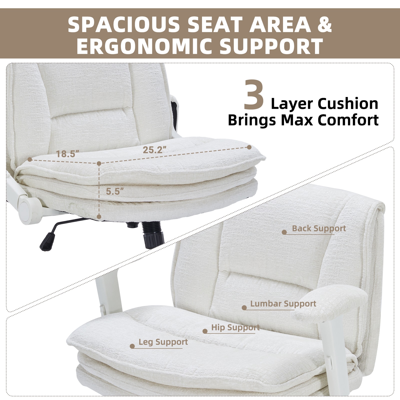 Criss Cross Chair With Wheels And Flip Arms, Upholstered Cross Legged Office Chair With 3 Layer Cushions&Dynamic Airbag Lumbar Support, Wide Seat Comfy Desk Chair For Home Office, Living Room, Beige_maomaolike.com